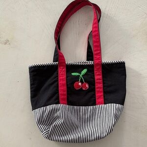 Cute Trendy Chic Black & Red Cherry Embroidered Tote Bag